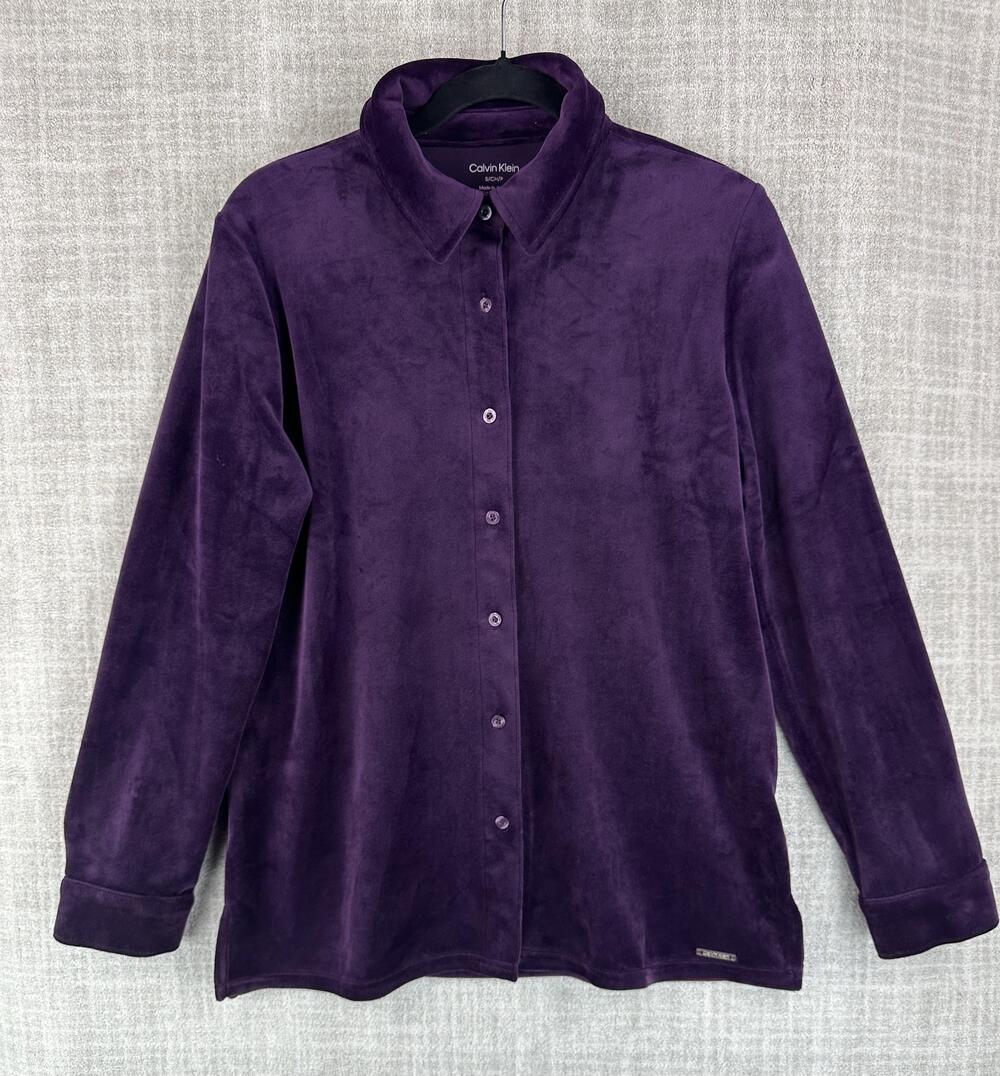 Calvin Klein Button-Up Womens S Purple Tunic Collared Long Sleeve Velour Relaxed